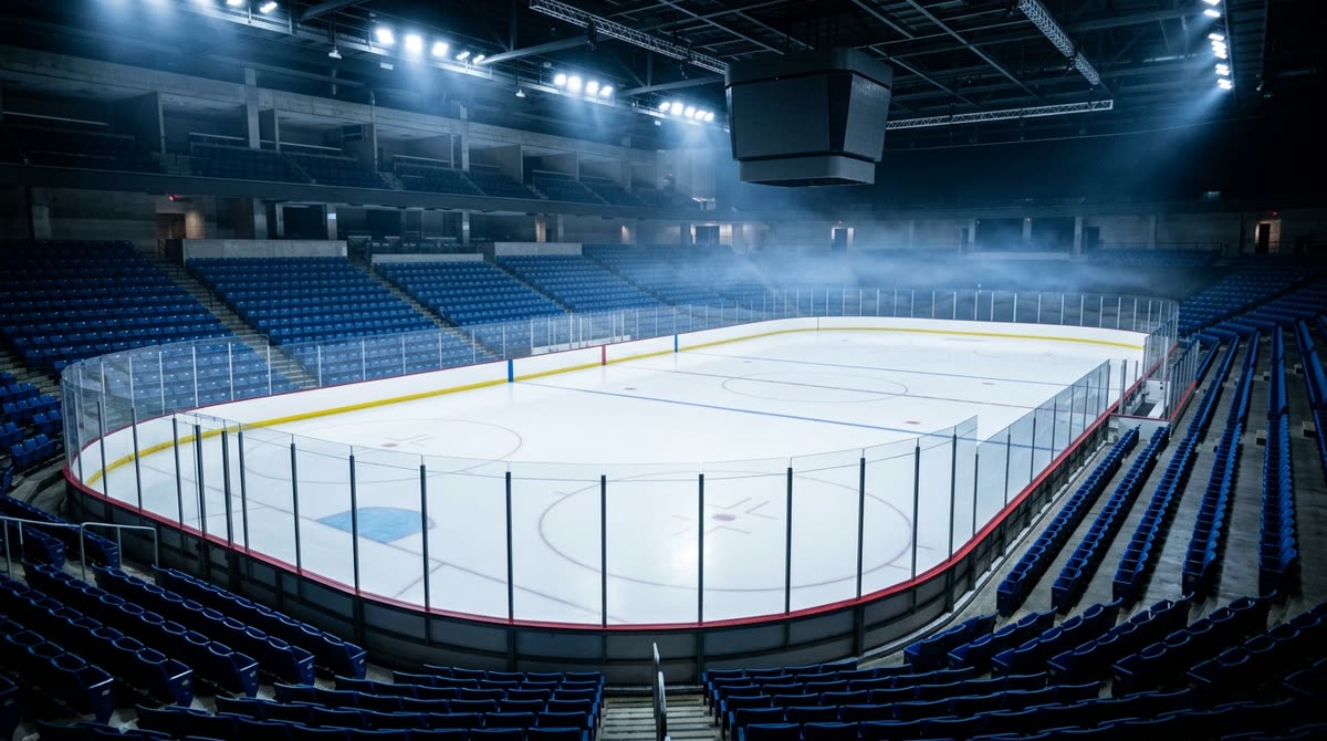 Empty ice arena seen from a high corner, with fresh ice and rows of blue seats.