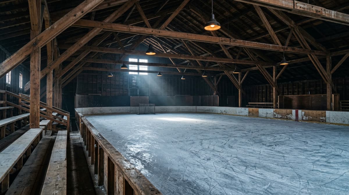 Old rink interior with wooden roof trusses, dim lights and worn bench seating.