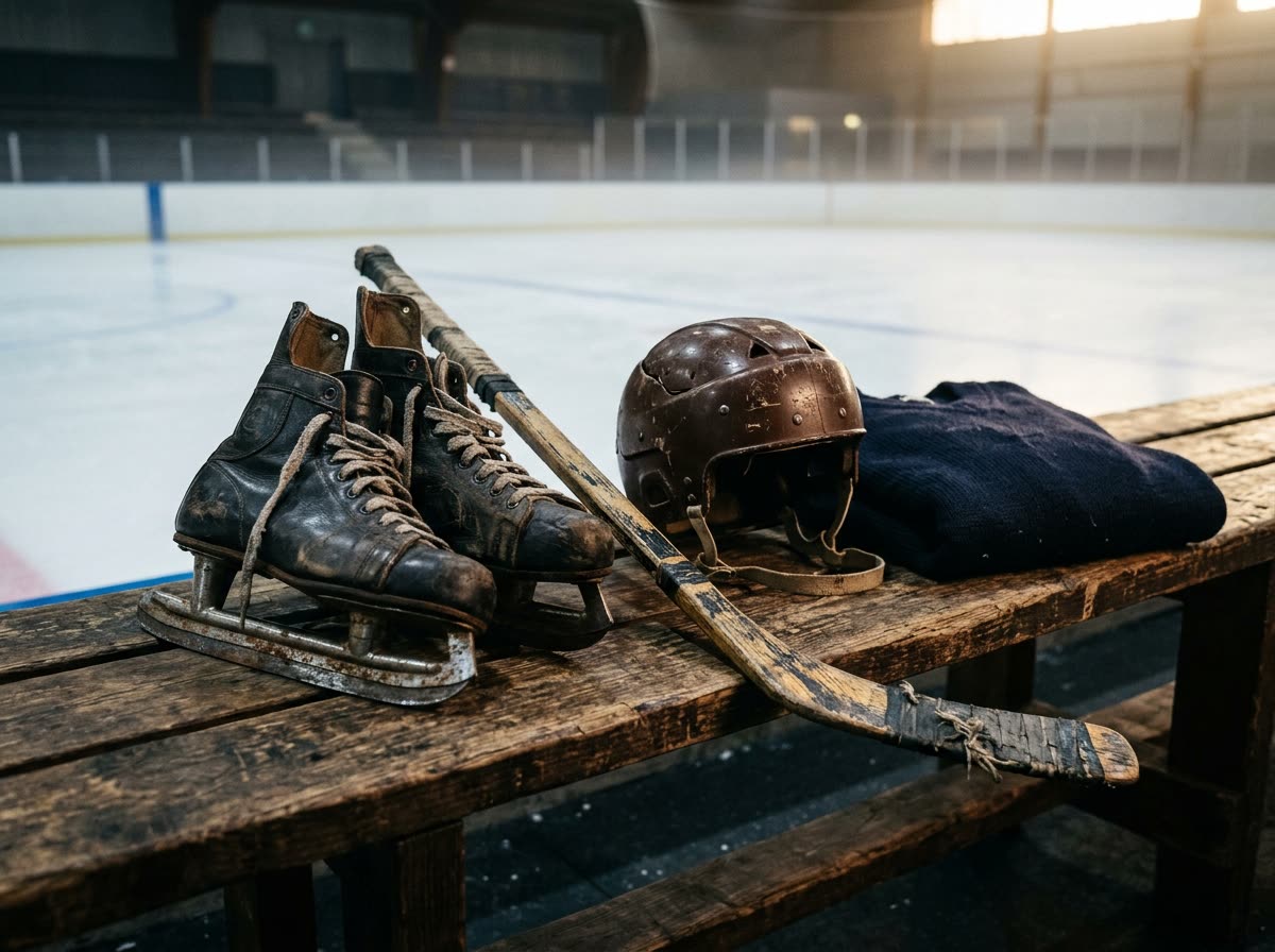 Vintage leather skates, a wooden stick and a cracked helmet on a worn bench.
