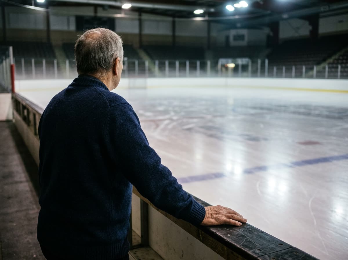 An older person seen from behind, hand on the rail, looking out at an empty rink.