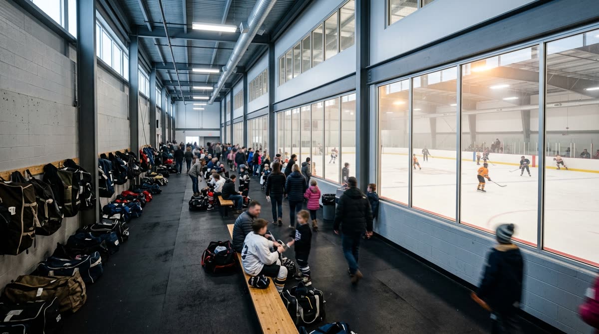 Ice facility concourse with two rinks behind glass and gear bags lined along a wall.