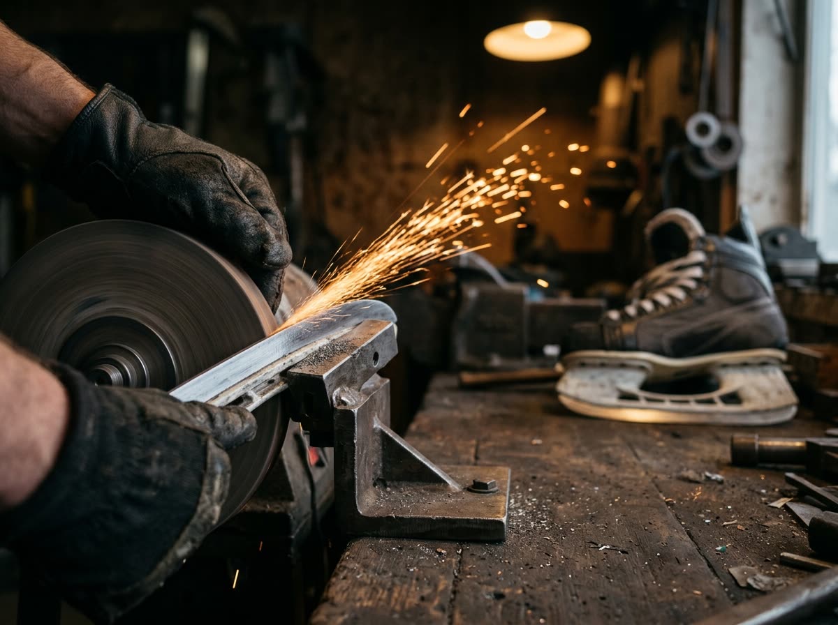 Sparks fly as a skate blade is sharpened on a grinding wheel in a jig.