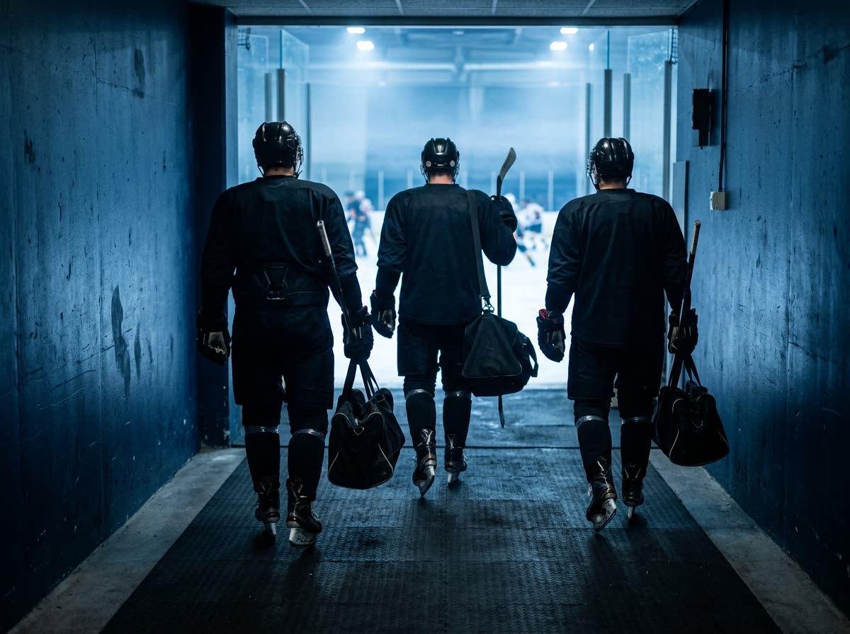 Players in plain gear walk away down a corridor carrying sticks and bags.