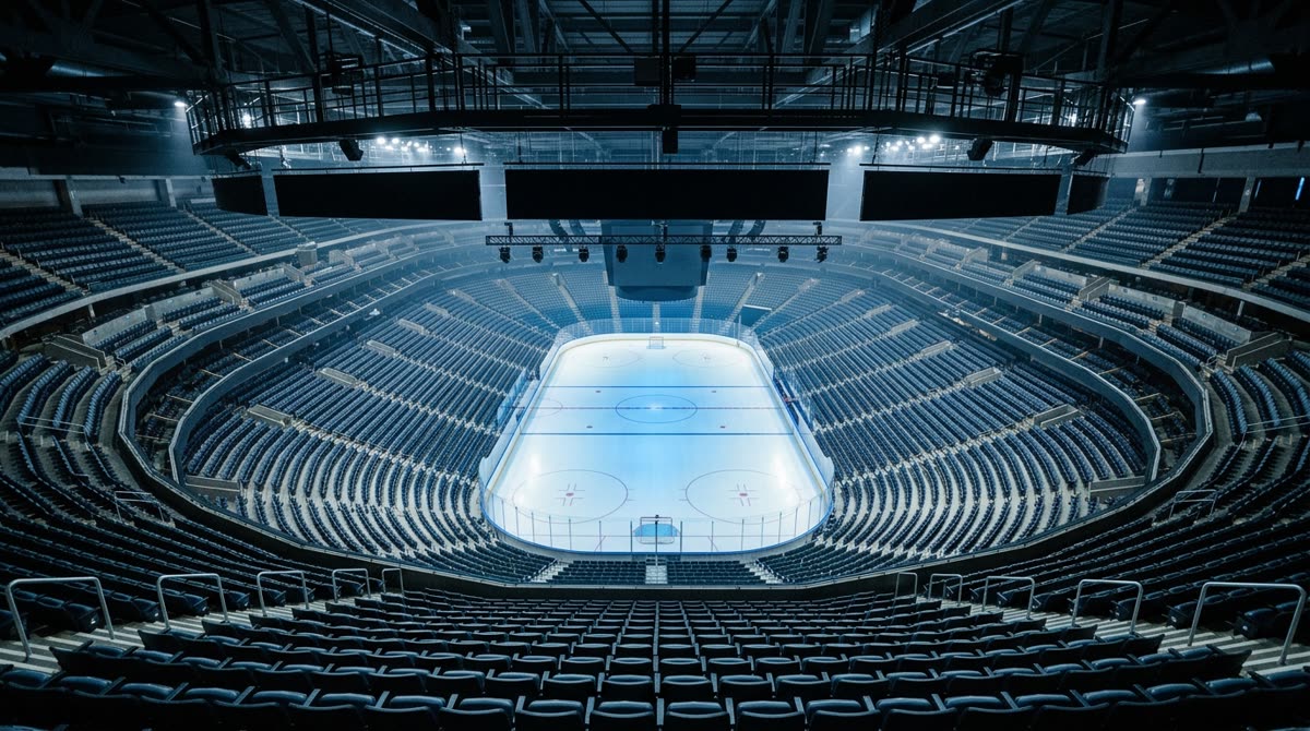 View from an upper deck of an empty arena bowl looking down at lit ice below.