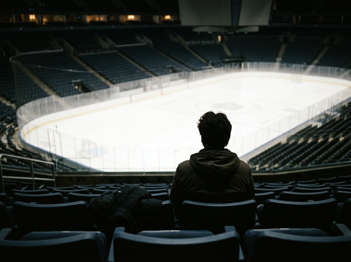 A lone spectator seen from behind in an upper tier, looking down toward the ice.