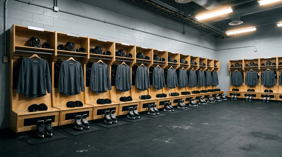Empty locker room with plain jerseys hanging in wooden stalls and skates below.