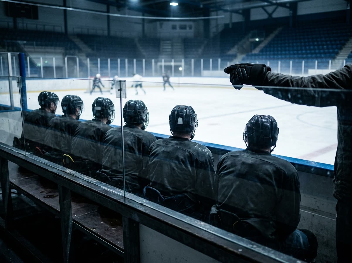 Players seated on the bench seen from behind, with a coach's arm at the frame edge.